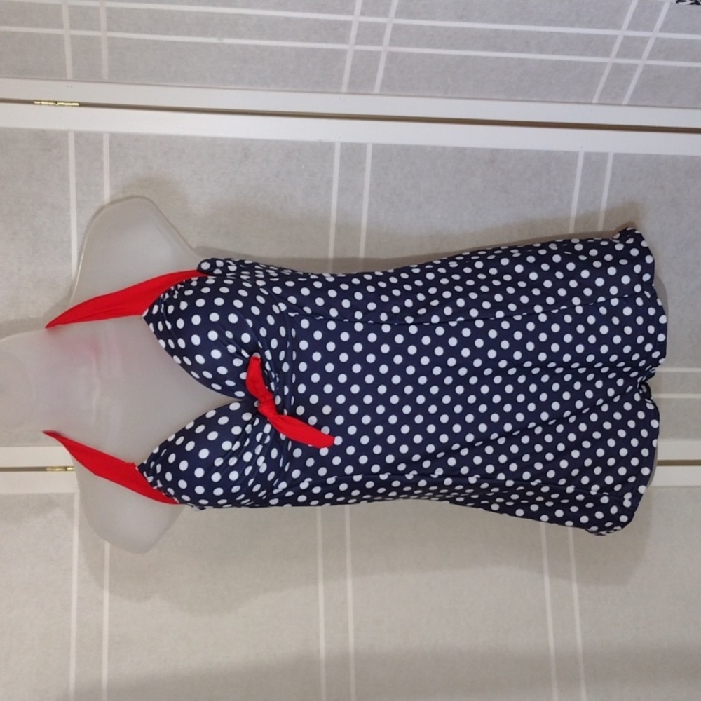 Navy Polka Dot One-Piece Swimdress with Red Halter Tie